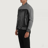 Damet Black Grey Leather Varsity Jacket